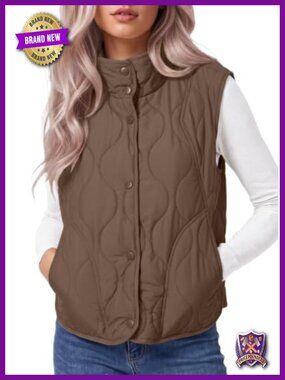 Quilted Puffer Vest Stand Collar Button Down Sleeveless Padded Outerwear with